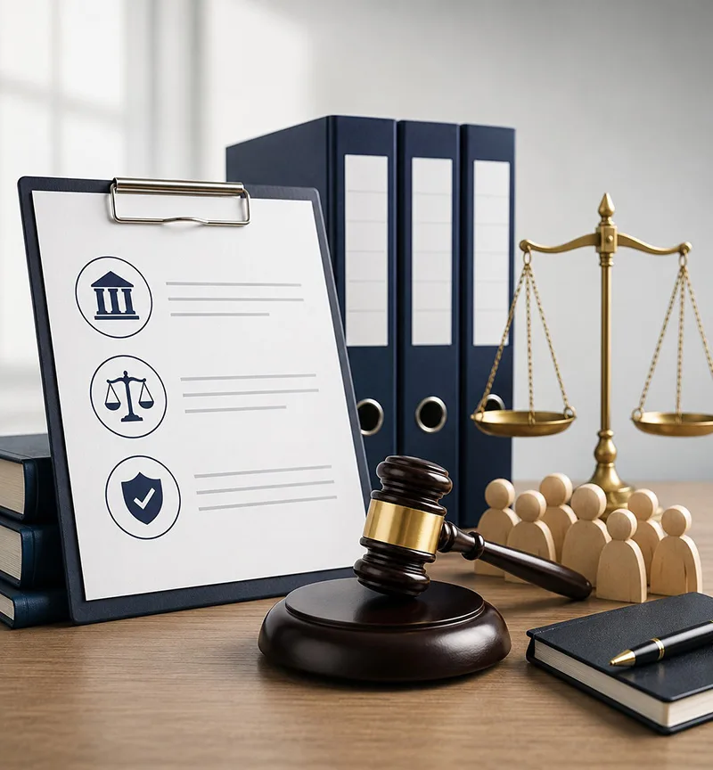 A gavel, legal scales and policy documents on a desk, representing mining policy and regulatory reform